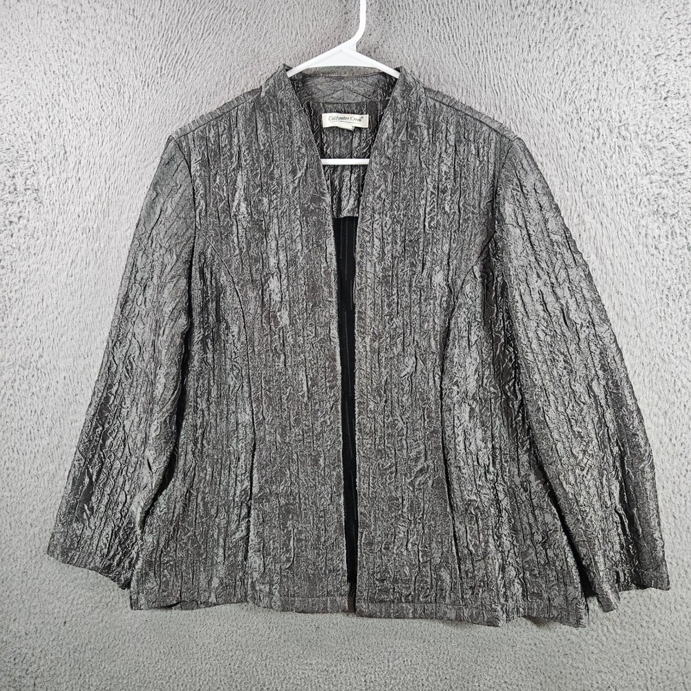 Coldwater Creek Womens PM Metallic Pewter Gray Crinkle Open‎ Front Jacket